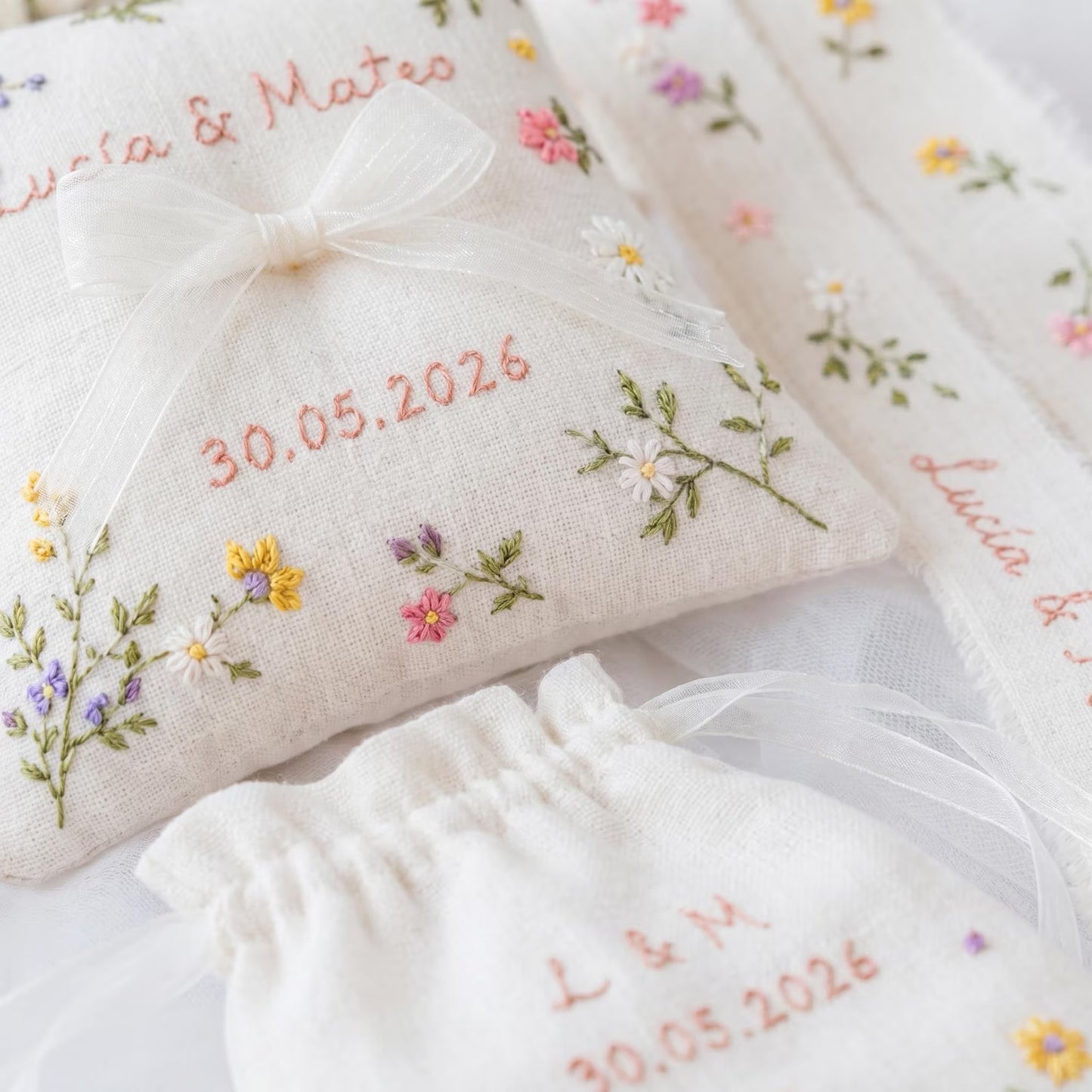 Personalized Wedding Wildflowers Embroidery Set, Ring Bearer Pillow, Bridal Bouquet Ribbon, Linen Sachet Bag, Handmade Wildflowers Gift Set
