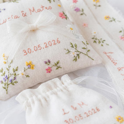 Personalized Wedding Wildflowers Embroidery Set, Ring Bearer Pillow, Bridal Bouquet Ribbon, Linen Sachet Bag, Handmade Wildflowers Gift Set