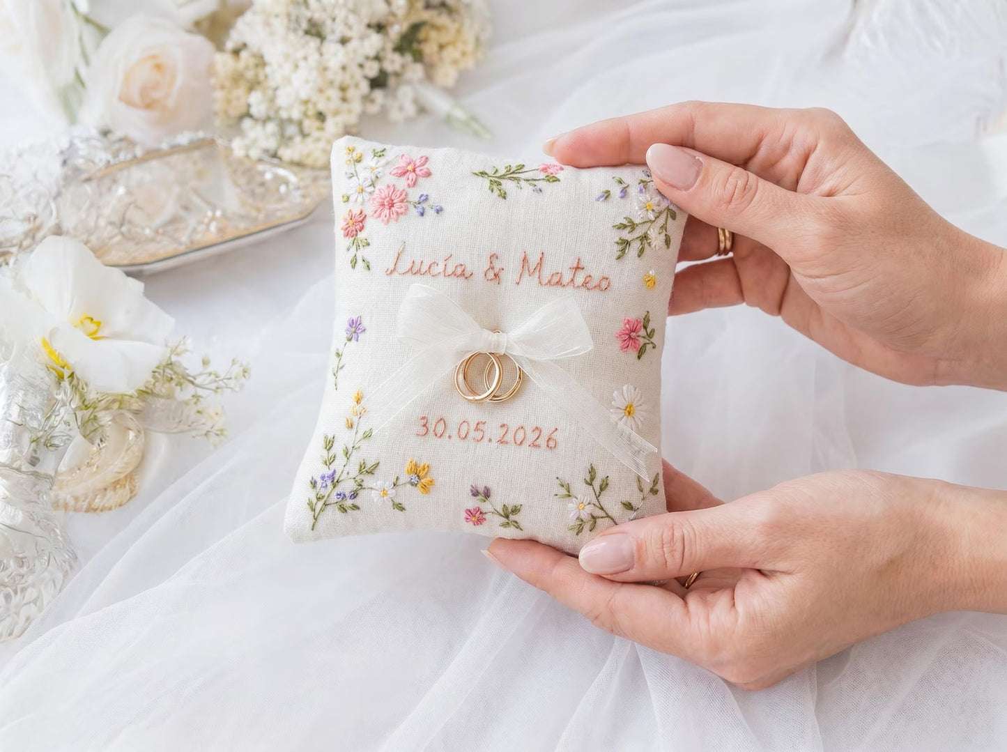 Personalized Wedding Wildflowers Embroidery Set, Ring Bearer Pillow, Bridal Bouquet Ribbon, Linen Sachet Bag, Handmade Wildflowers Gift Set