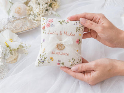 Personalized Wedding Wildflowers Embroidery Set, Ring Bearer Pillow, Bridal Bouquet Ribbon, Linen Sachet Bag, Handmade Wildflowers Gift Set