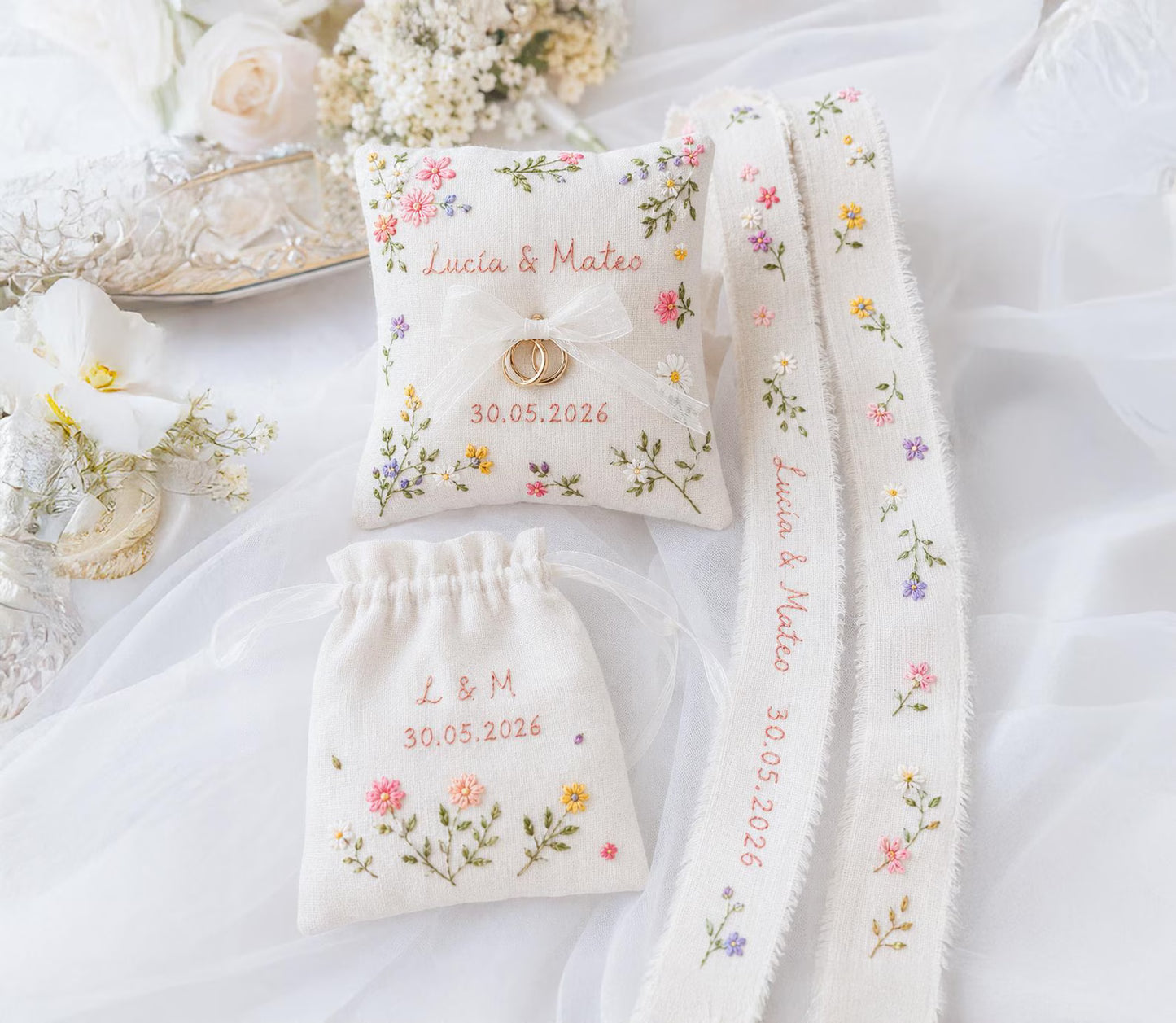 Personalized Wedding Wildflowers Embroidery Set, Ring Bearer Pillow, Bridal Bouquet Ribbon, Linen Sachet Bag, Handmade Wildflowers Gift Set