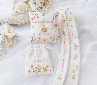 Personalized Wedding Wildflowers Embroidery Set, Ring Bearer Pillow, Bridal Bouquet Ribbon, Linen Sachet Bag, Handmade Wildflowers Gift Set