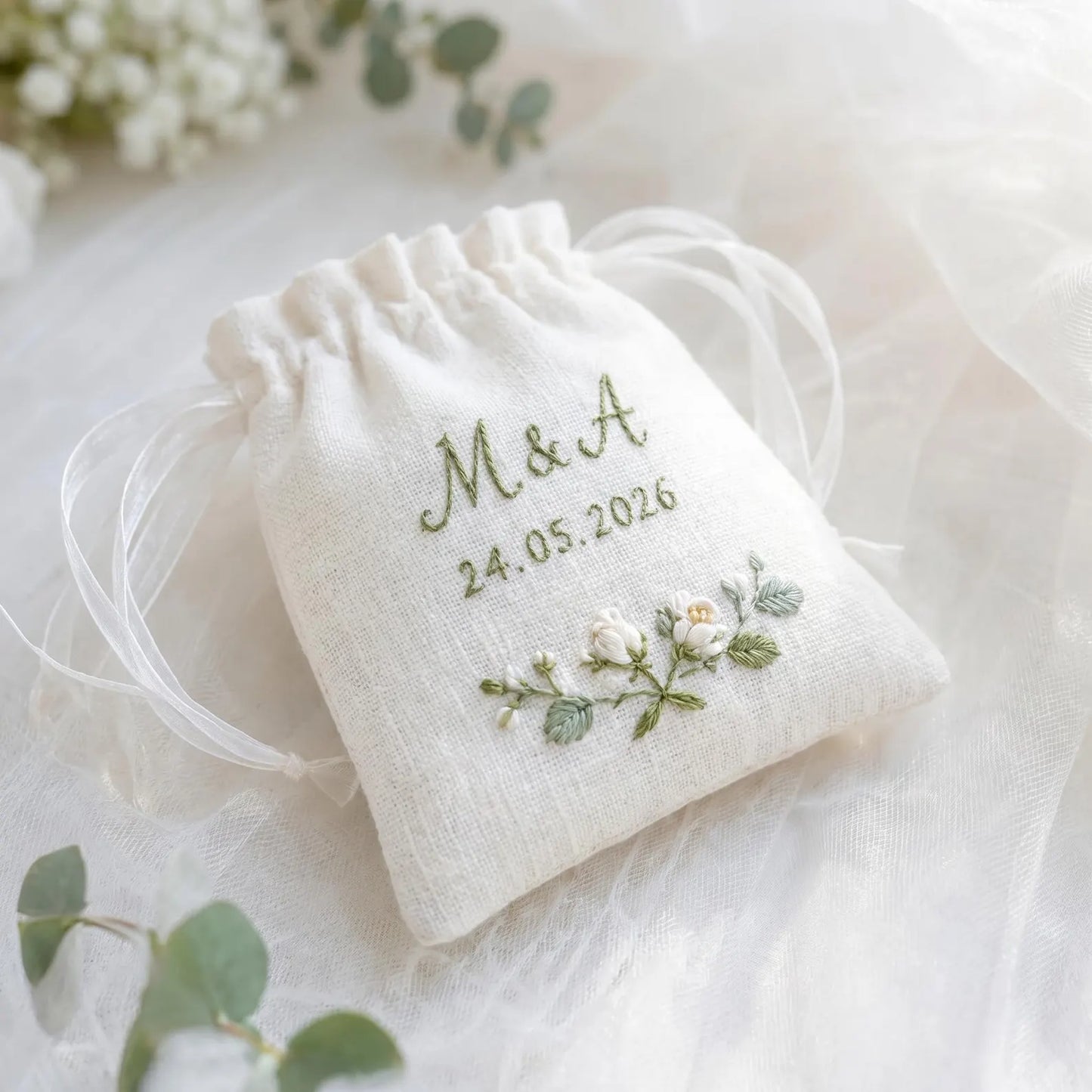 Personalized Wedding Embroidery Set, Ring Bearer Pillow, Bridal Bouquet Ribbon, Linen Sachet Bag, White Rose Eucalyptus Bridal Gift Handmade