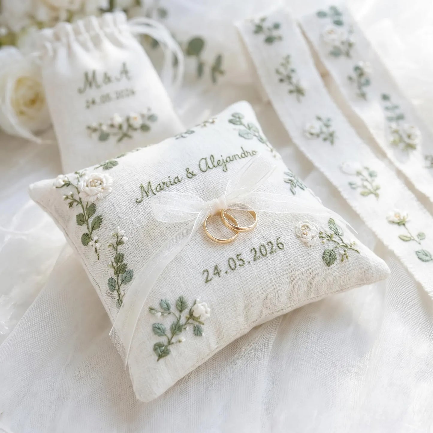 Personalized Wedding Embroidery Set, Ring Bearer Pillow, Bridal Bouquet Ribbon, Linen Sachet Bag, White Rose Eucalyptus Bridal Gift Handmade