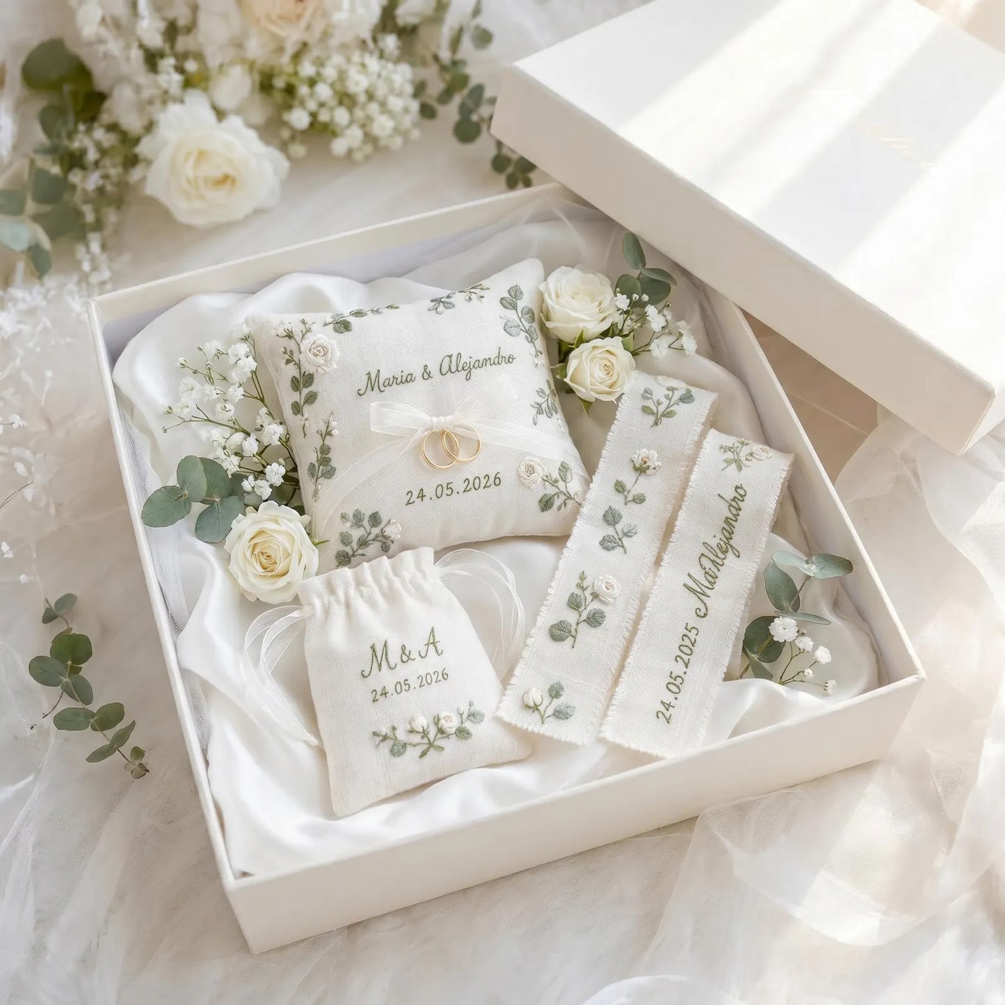 Personalized Wedding Embroidery Set, Ring Bearer Pillow, Bridal Bouquet Ribbon, Linen Sachet Bag, White Rose Eucalyptus Bridal Gift Handmade