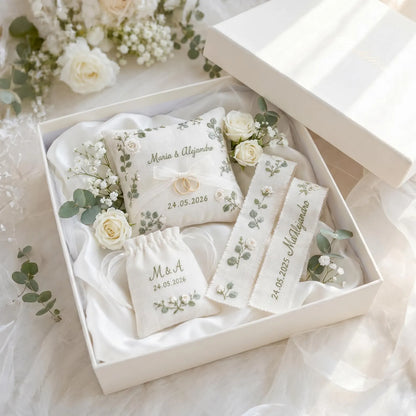 Personalized Wedding Embroidery Set, Ring Bearer Pillow, Bridal Bouquet Ribbon, Linen Sachet Bag, White Rose Eucalyptus Bridal Gift Handmade