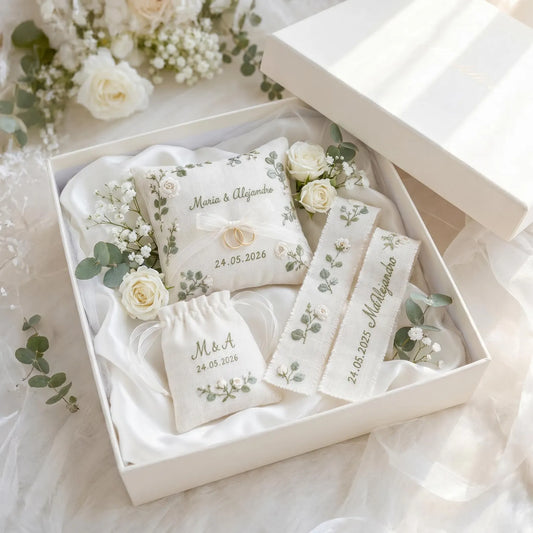 Personalized Wedding Embroidery Set, Ring Bearer Pillow, Bridal Bouquet Ribbon, Linen Sachet Bag, White Rose Eucalyptus Bridal Gift Handmade