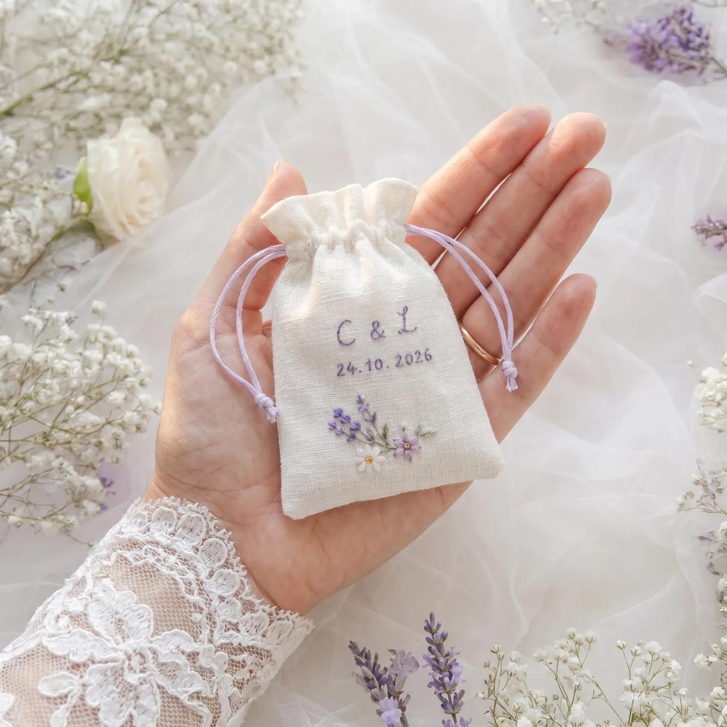 Personalized Wedding Embroidery Set, Ring Bearer Pillow, Bridal Bouquet Ribbon, Linen Sachet Bag, Embroidered Lavender Bridal Gift for Bride