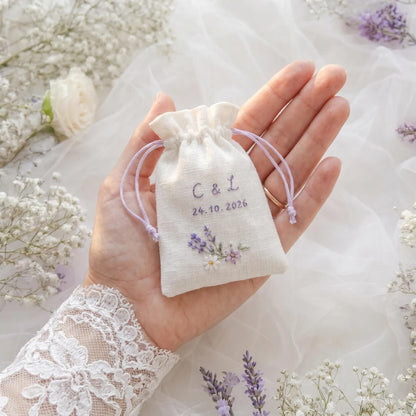 Personalized Wedding Embroidery Set, Ring Bearer Pillow, Bridal Bouquet Ribbon, Linen Sachet Bag, Embroidered Lavender Bridal Gift for Bride