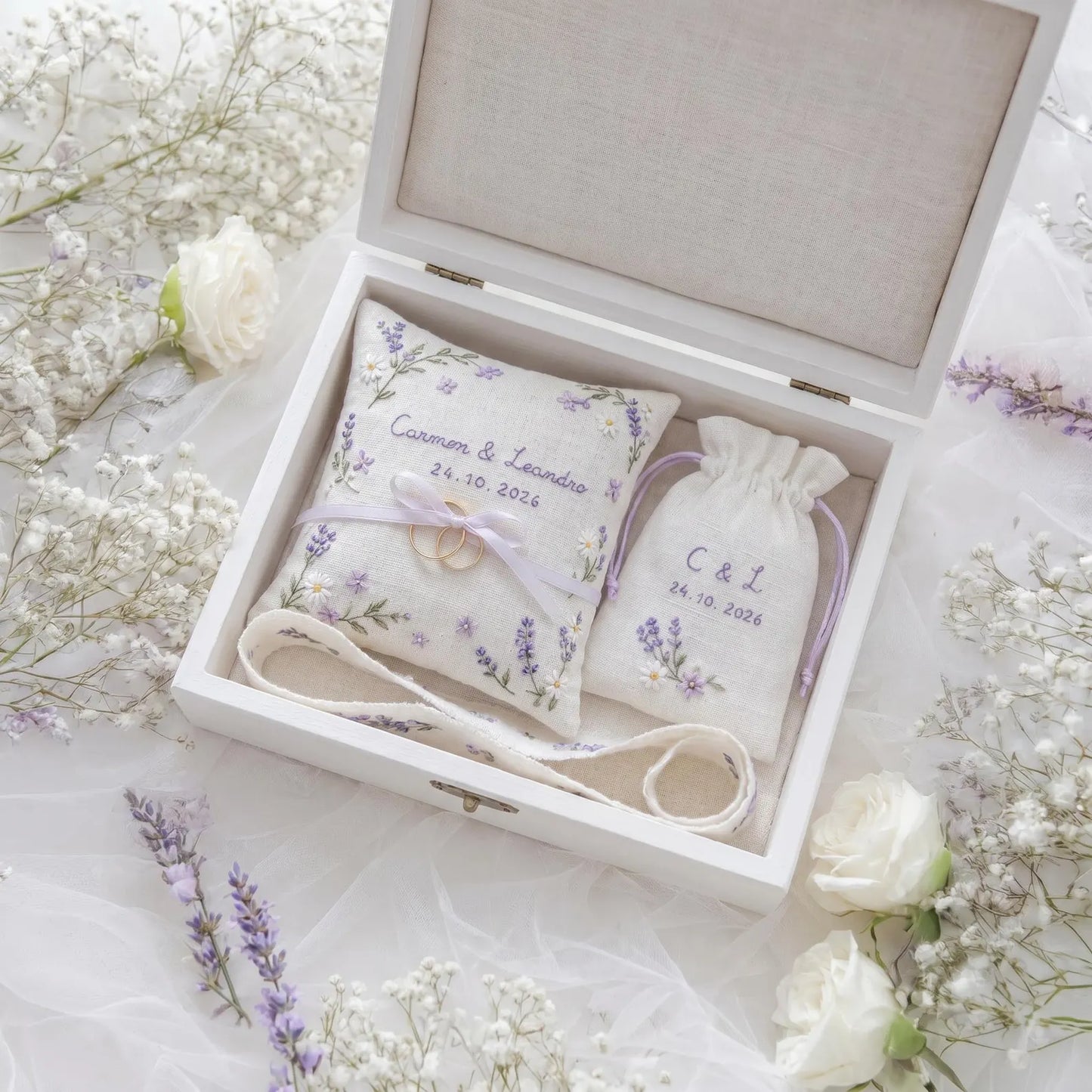 Personalized Wedding Embroidery Set, Ring Bearer Pillow, Bridal Bouquet Ribbon, Linen Sachet Bag, Embroidered Lavender Bridal Gift for Bride