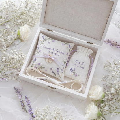 Personalized Wedding Embroidery Set, Ring Bearer Pillow, Bridal Bouquet Ribbon, Linen Sachet Bag, Embroidered Lavender Bridal Gift for Bride