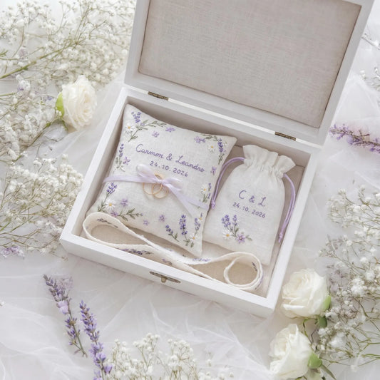 Personalized Wedding Embroidery Set, Ring Bearer Pillow, Bridal Bouquet Ribbon, Linen Sachet Bag, Embroidered Lavender Bridal Gift for Bride