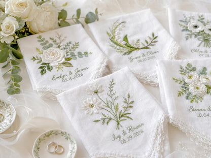 Embroidered Greenery Wedding Handkerchief – Custom Floral Hankie for Bride, Bridal Gift, Personalized with Name & Date, Gift for Bride