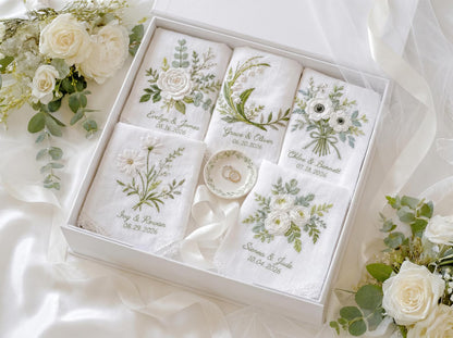 Embroidered Greenery Wedding Handkerchief – Custom Floral Hankie for Bride, Bridal Gift, Personalized with Name & Date, Gift for Bride