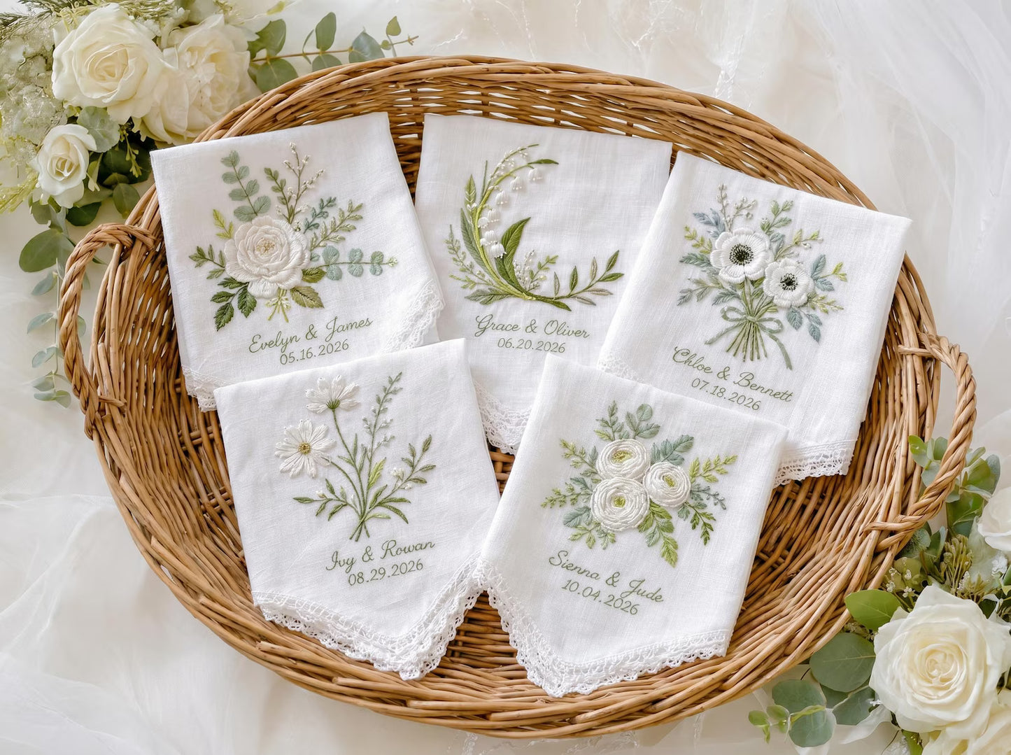 Embroidered Greenery Wedding Handkerchief – Custom Floral Hankie for Bride, Bridal Gift, Personalized with Name & Date, Gift for Bride