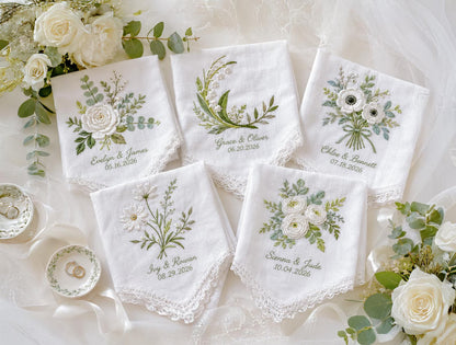 Embroidered Greenery Wedding Handkerchief – Custom Floral Hankie for Bride, Bridal Gift, Personalized with Name & Date, Gift for Bride