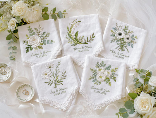 Embroidered Greenery Wedding Handkerchief – Custom Floral Hankie for Bride, Bridal Gift, Personalized with Name & Date, Gift for Bride