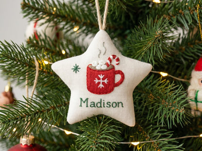 Personalized Hot Cocoa Christmas Ornament, Embroidered Star Tree Ornament, Custom Name Holiday Decor, Handmade Fabric Keepsake Gift for Kids