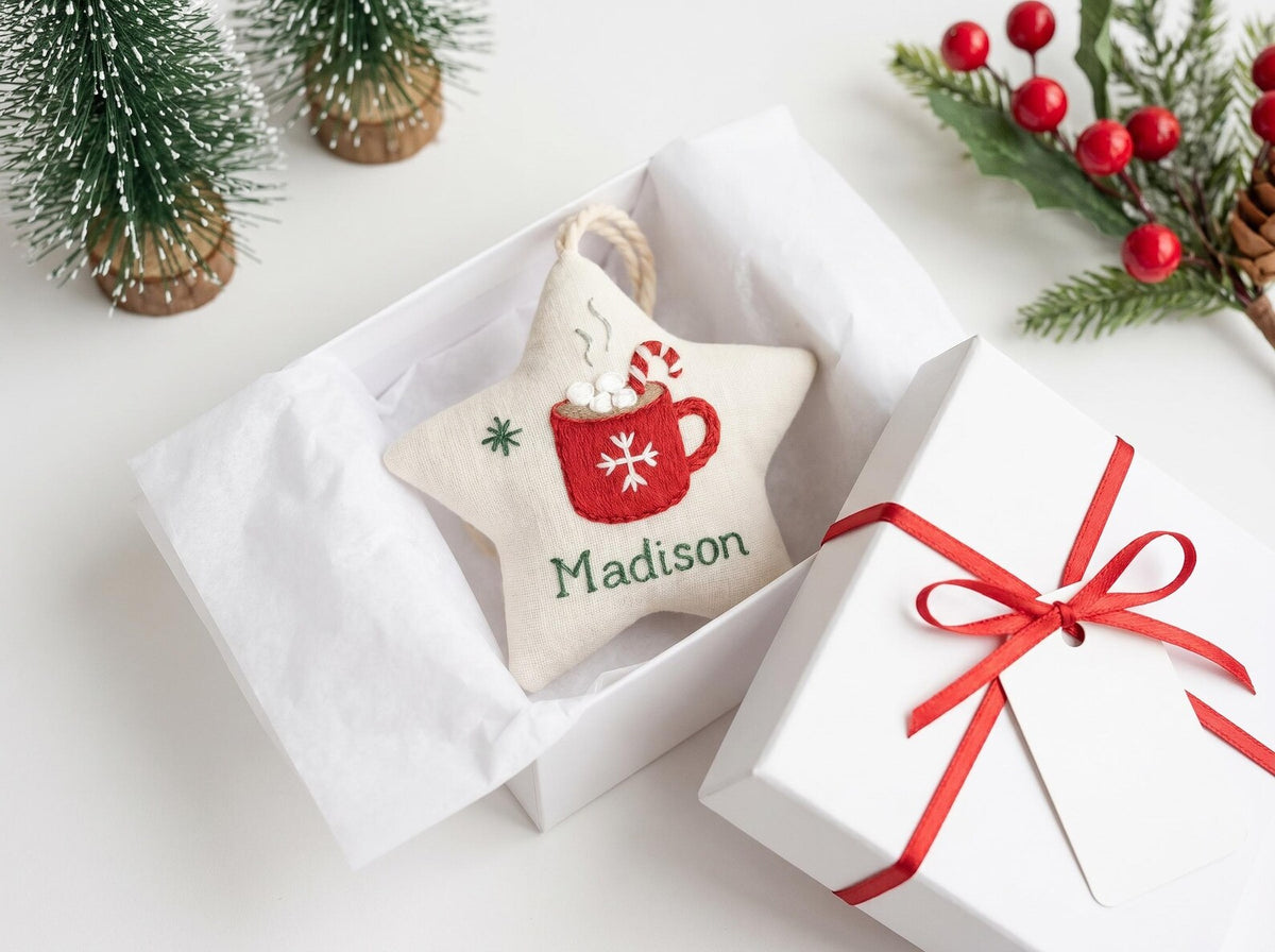 Personalized Hot Cocoa Christmas Ornament, Embroidered Star Tree Ornament, Custom Name Holiday Decor, Handmade Fabric Keepsake Gift for Kids