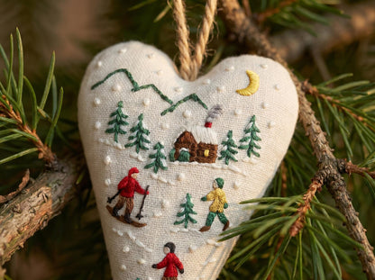 Personalized Skiing Christmas Ornament, Embroidered Heart Tree Ornament, Winter Cabin Scene, Handmade Fabric Holiday Keepsake Gift Gift Idea