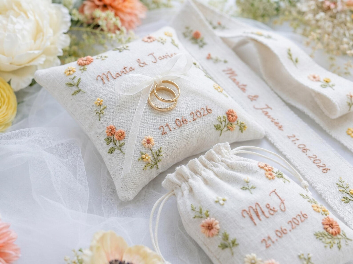 Personalized Floral Wedding Ring Pillow Set, Embroidered Ring Bearer Pillow, Ribbon and Sachet Bag, Bridal Keepsake Gift for Bride and Groom