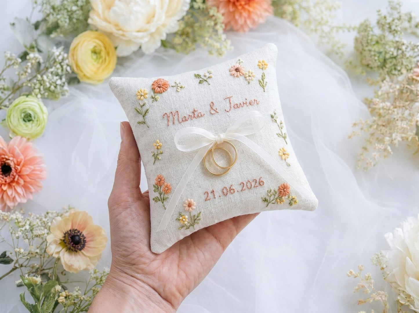 Personalized Floral Wedding Ring Pillow Set, Embroidered Ring Bearer Pillow, Ribbon and Sachet Bag, Bridal Keepsake Gift for Bride and Groom