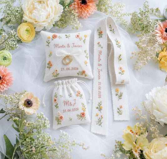 Personalized Floral Wedding Ring Pillow Set, Embroidered Ring Bearer Pillow, Ribbon and Sachet Bag, Bridal Keepsake Gift for Bride and Groom