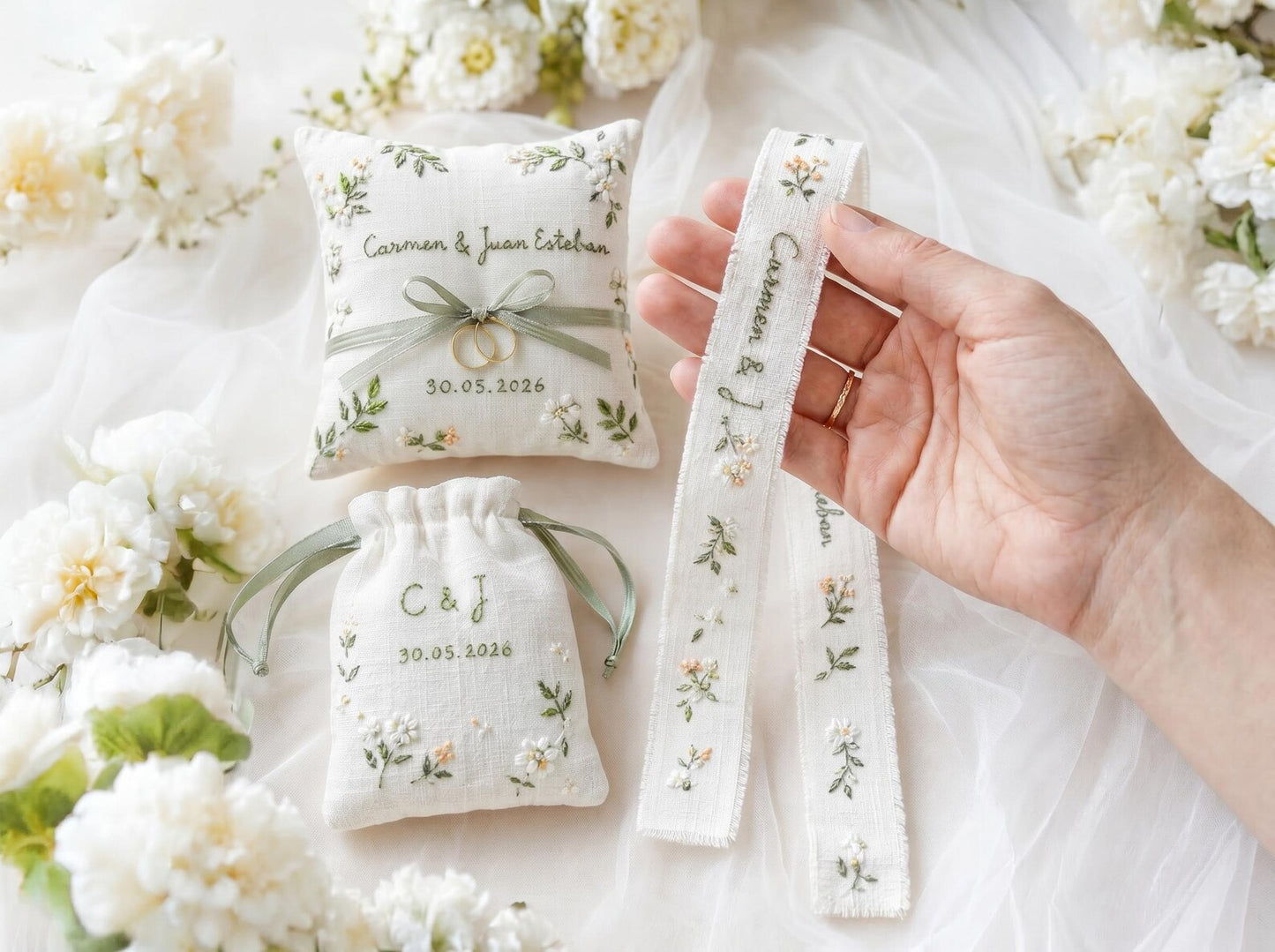 Personalized Wedding Embroidery Set, Ring Bearer Pillow, Bridal Bouquet Ribbon, Linen Sachet Bag, Handmade Wildflower Bridal Gift Handmade