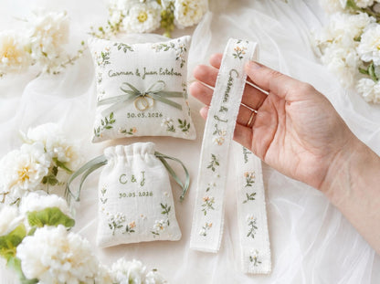 Personalized Wedding Embroidery Set, Ring Bearer Pillow, Bridal Bouquet Ribbon, Linen Sachet Bag, Handmade Wildflower Bridal Gift Handmade