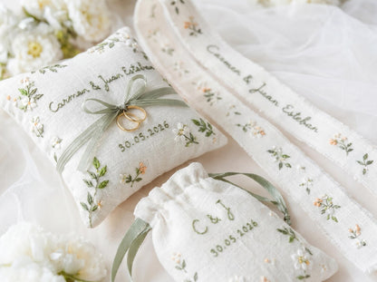 Personalized Wedding Embroidery Set, Ring Bearer Pillow, Bridal Bouquet Ribbon, Linen Sachet Bag, Handmade Wildflower Bridal Gift Handmade