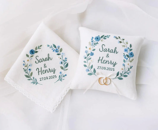 Personalized Blue Floral Wedding Ring Pillow and Handkerchief Set, Embroidered Ring Bearer Pillow, Lace Bridal Hanky, Custom Names Date Gift