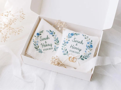 Personalized Blue Floral Wedding Ring Pillow and Handkerchief Set, Embroidered Ring Bearer Pillow, Lace Bridal Hanky, Custom Names Date Gift