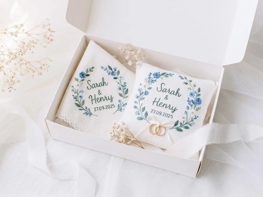 Personalized Blue Floral Wedding Ring Pillow and Handkerchief Set, Embroidered Ring Bearer Pillow, Lace Bridal Hanky, Custom Names Date Gift