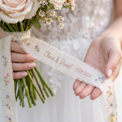 Personalized Wedding Embroidery Set, Ring Bearer Pillow, Bridal Bouquet Ribbon, Linen Sachet Bag, Handmade Wildflower Bridal Gift Handmade