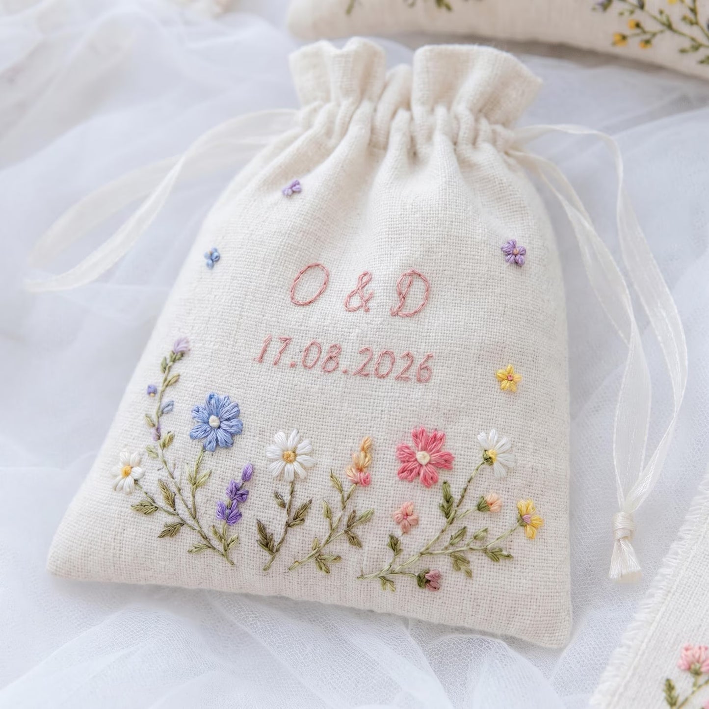 Personalized Wedding Embroidery Set, Ring Bearer Pillow, Bridal Bouquet Ribbon, Linen Sachet Bag, Handmade Wildflower Bridal Gift Handmade