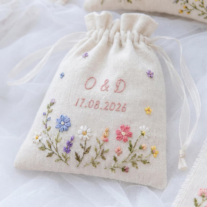 Personalized Wedding Embroidery Set, Ring Bearer Pillow, Bridal Bouquet Ribbon, Linen Sachet Bag, Handmade Wildflower Bridal Gift Handmade