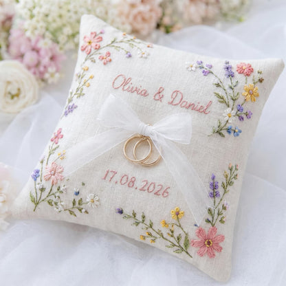 Personalized Wedding Embroidery Set, Ring Bearer Pillow, Bridal Bouquet Ribbon, Linen Sachet Bag, Handmade Wildflower Bridal Gift Handmade