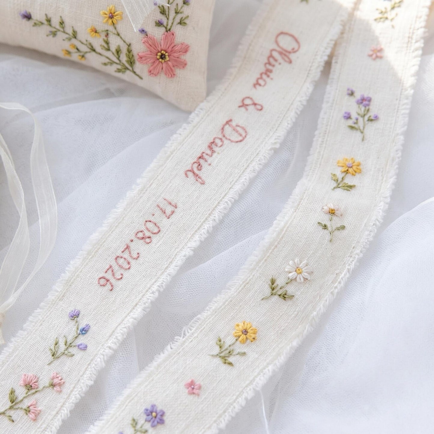 Personalized Wedding Embroidery Set, Ring Bearer Pillow, Bridal Bouquet Ribbon, Linen Sachet Bag, Handmade Wildflower Bridal Gift Handmade