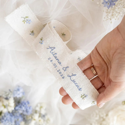 Personalized Wedding Embroidery Set, Ring Bearer Pillow, Bridal Bouquet Ribbon, Linen Sachet Bag, Handmade Wildflower Bridal Gift Handmade