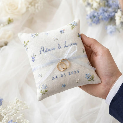 Personalized Wedding Embroidery Set, Ring Bearer Pillow, Bridal Bouquet Ribbon, Linen Sachet Bag, Handmade Wildflower Bridal Gift Handmade