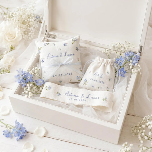 Personalized Wedding Embroidery Set, Ring Bearer Pillow, Bridal Bouquet Ribbon, Linen Sachet Bag, Handmade Wildflower Bridal Gift Handmade