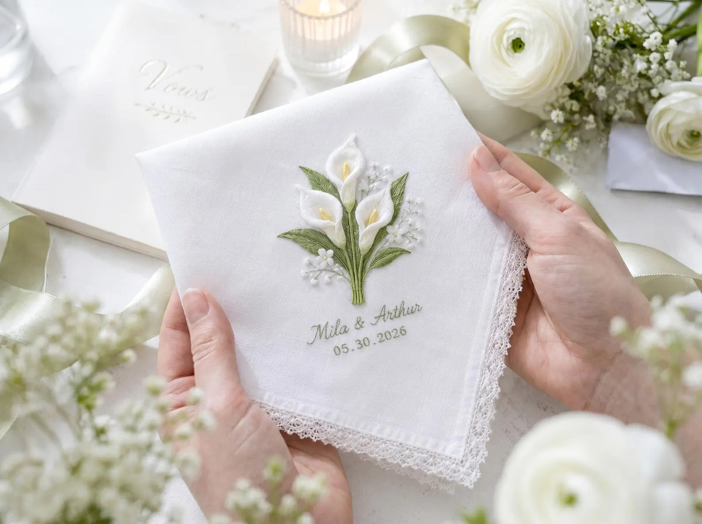 Personalized Calla Lily Wedding Handkerchief, Embroidered Bridal Hanky, Custom Names Date Lace Linen Keepsake Gift for Bride Bridal Gift Box