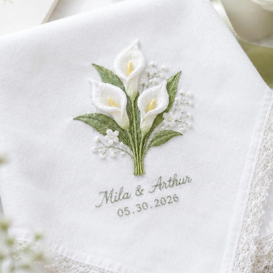 Personalized Calla Lily Wedding Handkerchief, Embroidered Bridal Hanky, Custom Names Date Lace Linen Keepsake Gift for Bride Bridal Gift Box