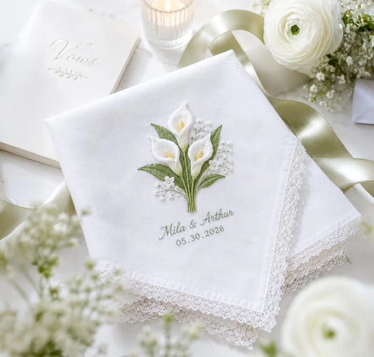 Personalized Calla Lily Wedding Handkerchief, Embroidered Bridal Hanky, Custom Names Date Lace Linen Keepsake Gift for Bride Bridal Gift Box
