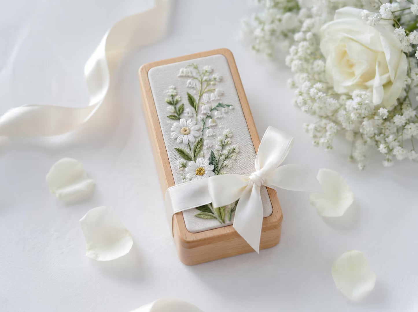 Personalized Daisy Lily of the Valley Wooden Jewelry Box, Embroidered Floral Ring Box, Custom Wedding Keepsake, Bridesmaid Gift for Her Gift