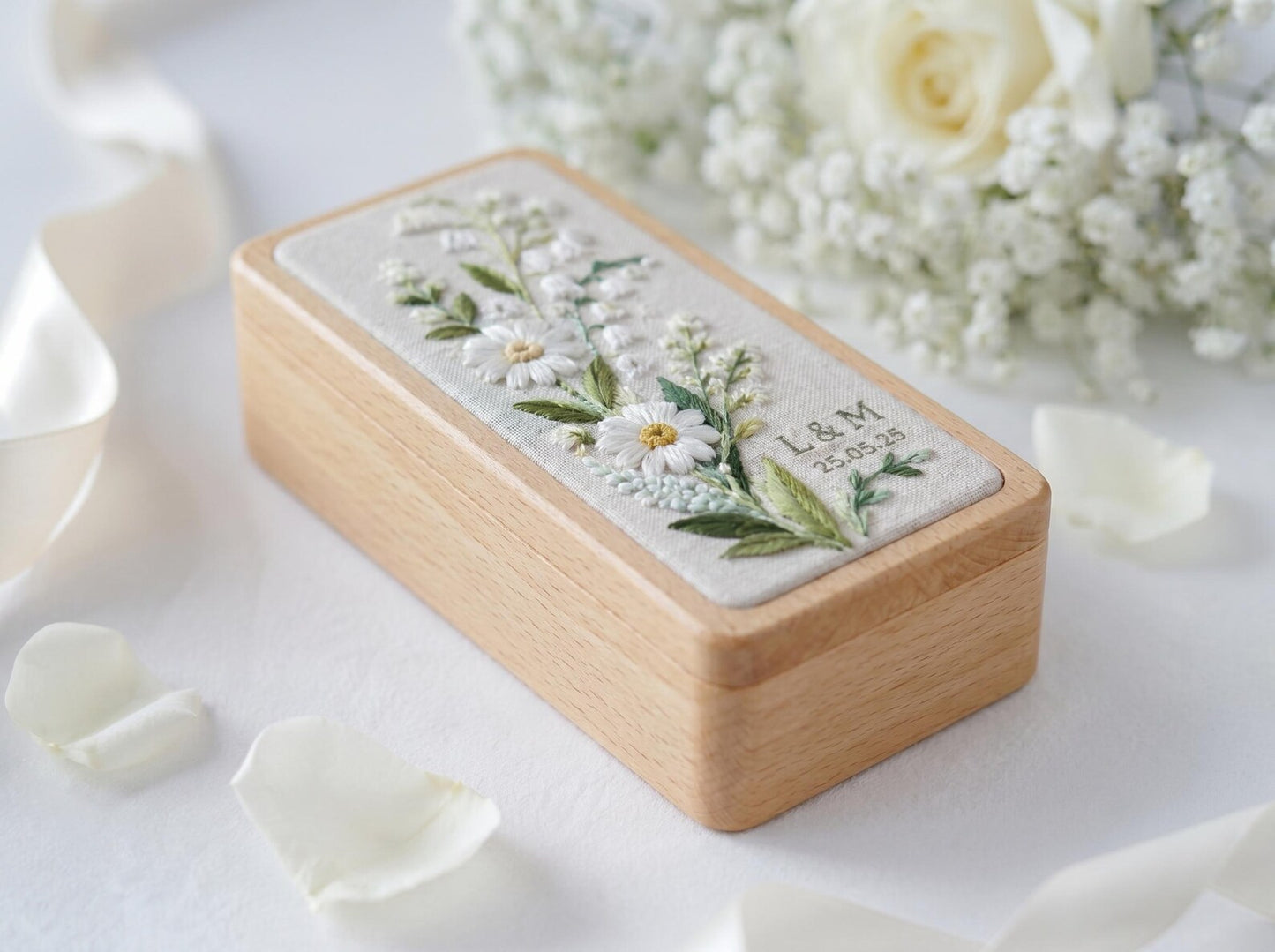 Personalized Daisy Lily of the Valley Wooden Jewelry Box, Embroidered Floral Ring Box, Custom Wedding Keepsake, Bridesmaid Gift for Her Gift