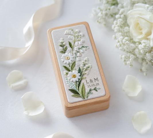 Personalized Daisy Lily of the Valley Wooden Jewelry Box, Embroidered Floral Ring Box, Custom Wedding Keepsake, Bridesmaid Gift for Her Gift