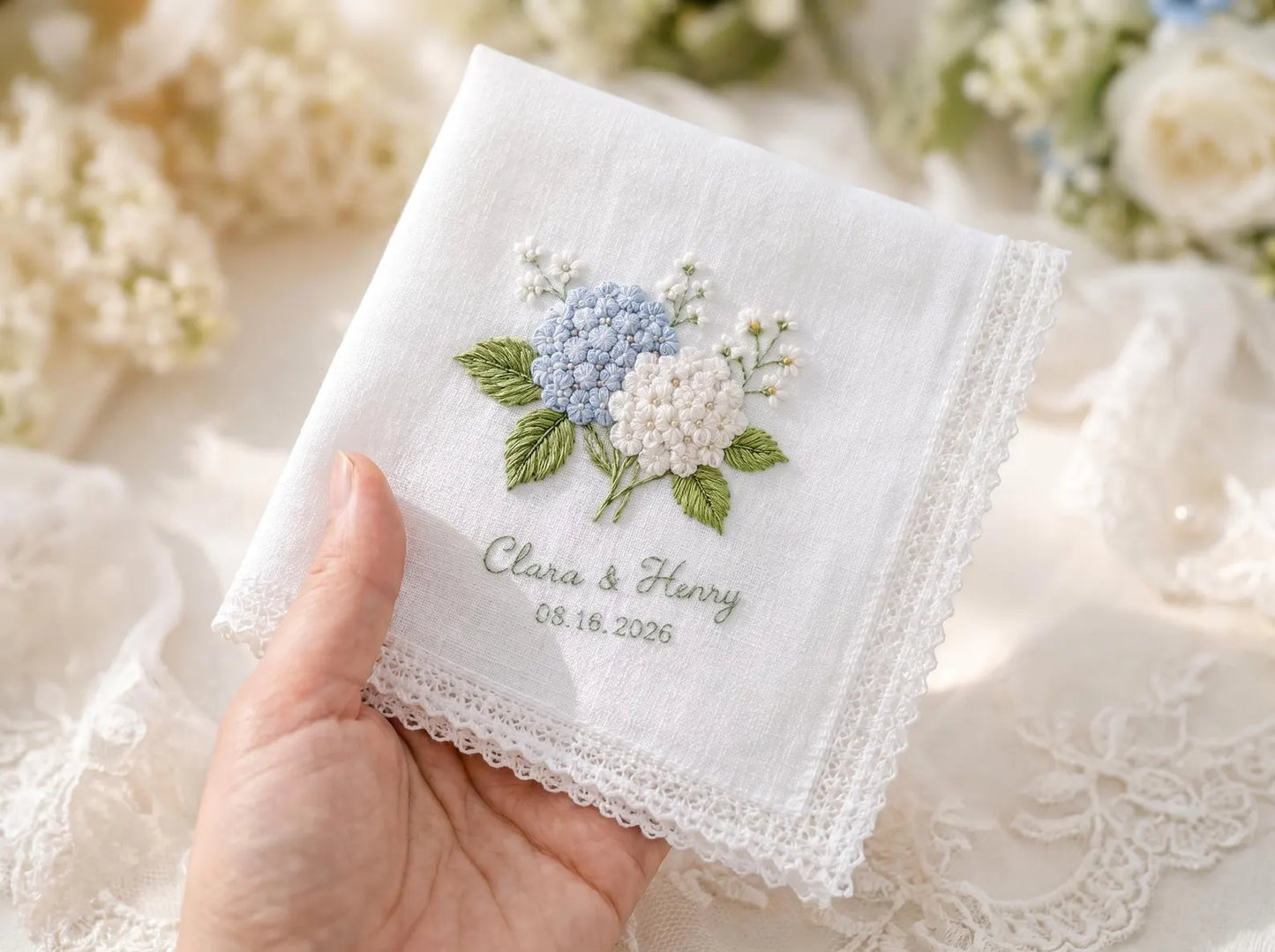 Personalized Blue Hydrangea Wedding Handkerchief, Embroidered Bridal Hanky, Custom Names Date Lace Keepsake Gift for Bride Wedding Gift Idea