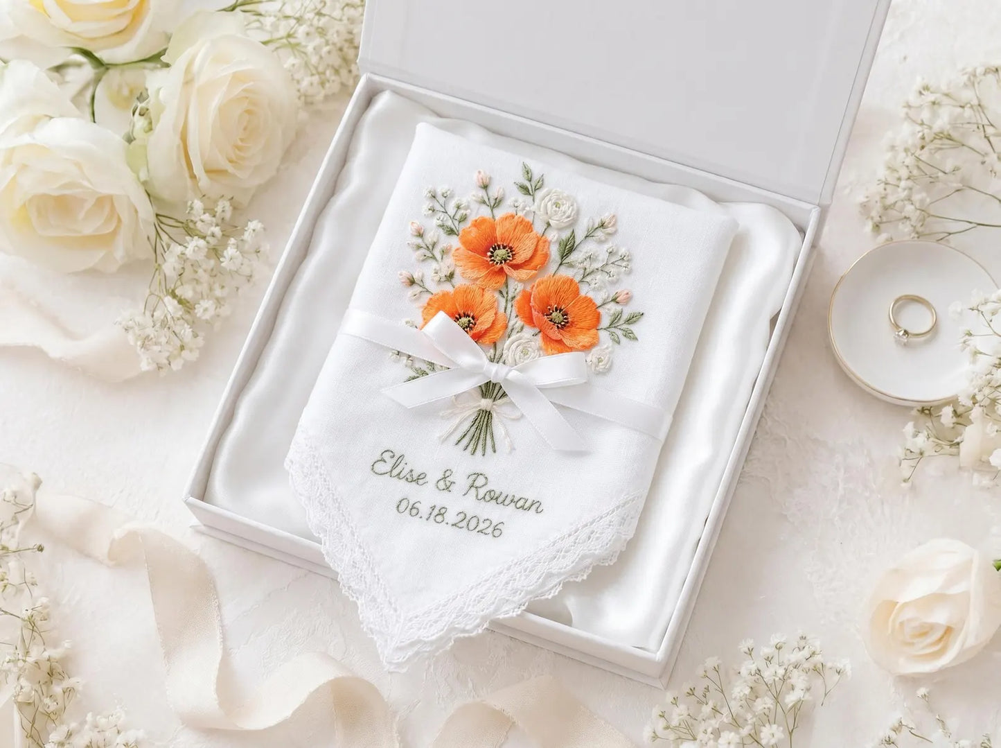 Personalized Orange Poppy Wedding Handkerchief, Embroidered Floral Bridal Hanky, Custom Names Date Lace Keepsake Gift for Bride Gift Box Set