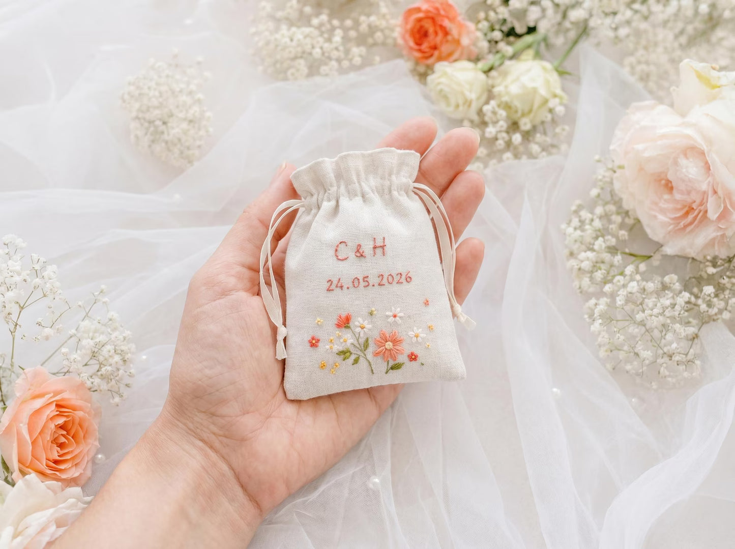 Personalized Wildflower Wedding Ring Pillow Set, Embroidered Ring Bearer Pillow, Linen Ribbon & Sachet Bag, Bridal Keepsake Gift Bridal Gift